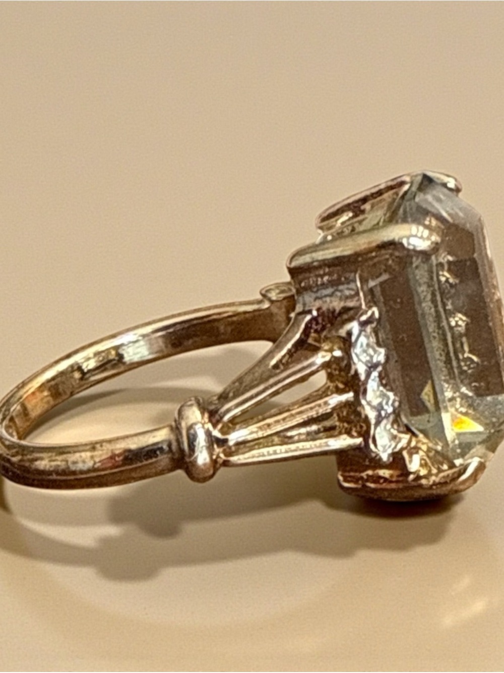 Vintage Cocktail Ring, Emerald Cut Smokey Quartz 7-3/4 signed - Picture 9 of 11